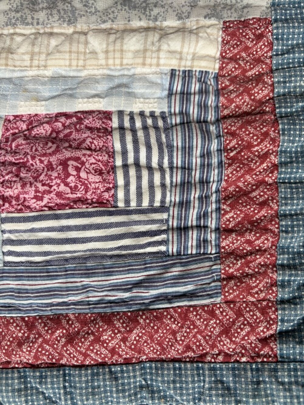 Log Cabin Quilt 85" x 85" Pink Peach Blue Full to Queen Size - Picture 4 of 16
